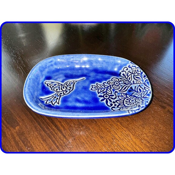 Handmade Ceramic Pottery Tray Deep Blue Color Hummingbird w/ Floral Pattern - Picture 2 of 4